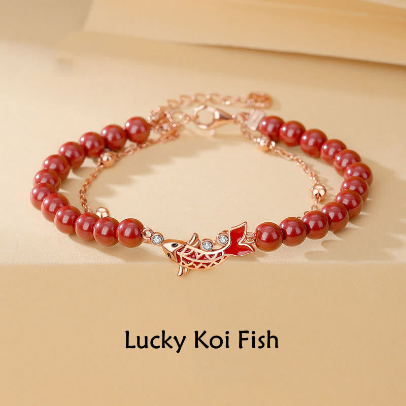 Bracelet à chaîne double couche en argent sterling 925 Buddha Stones et poisson Koi porte-bonheur en cinabre et zircon - Poisson Koi (Chance ♥ Prospérité) - image 0