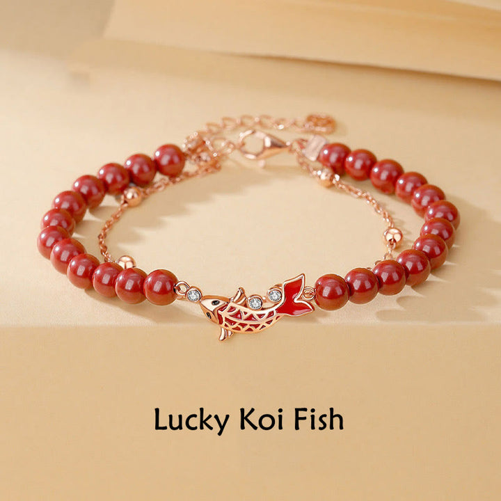 Bracelet à chaîne double couche en argent sterling 925 Buddha Stones et poisson Koi porte-bonheur en cinabre et zircon - Poisson Koi (Chance ♥ Prospérité) - image 0