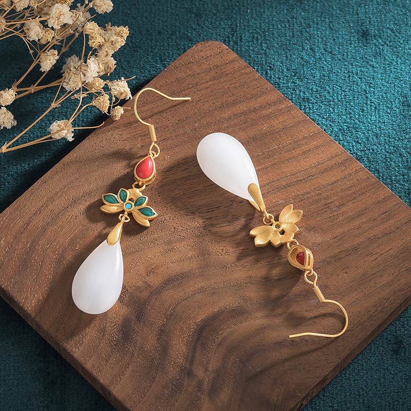 Boucles d'oreilles pendantes porte-bonheur en jade blanc Feng Shui Buddha Stones