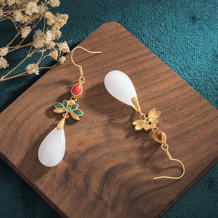 Boucles d'oreilles pendantes porte-bonheur en jade blanc Feng Shui Buddha Stones