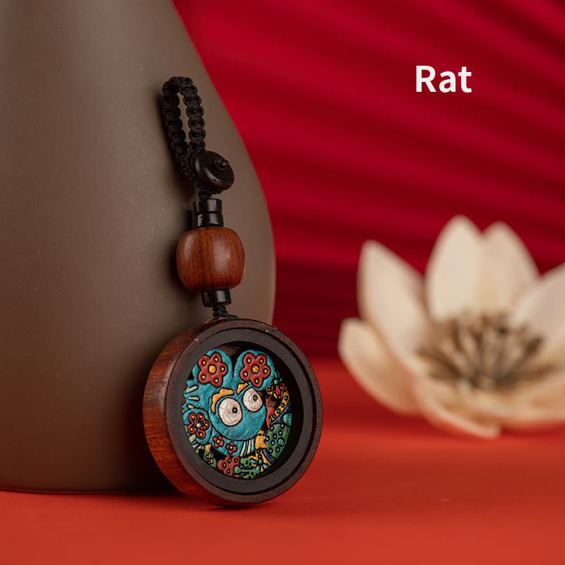 Porte-clés sculpté à la main en bois de rose avec Buddha Stones Année du Dragon Zodiaque chinois peint à la main