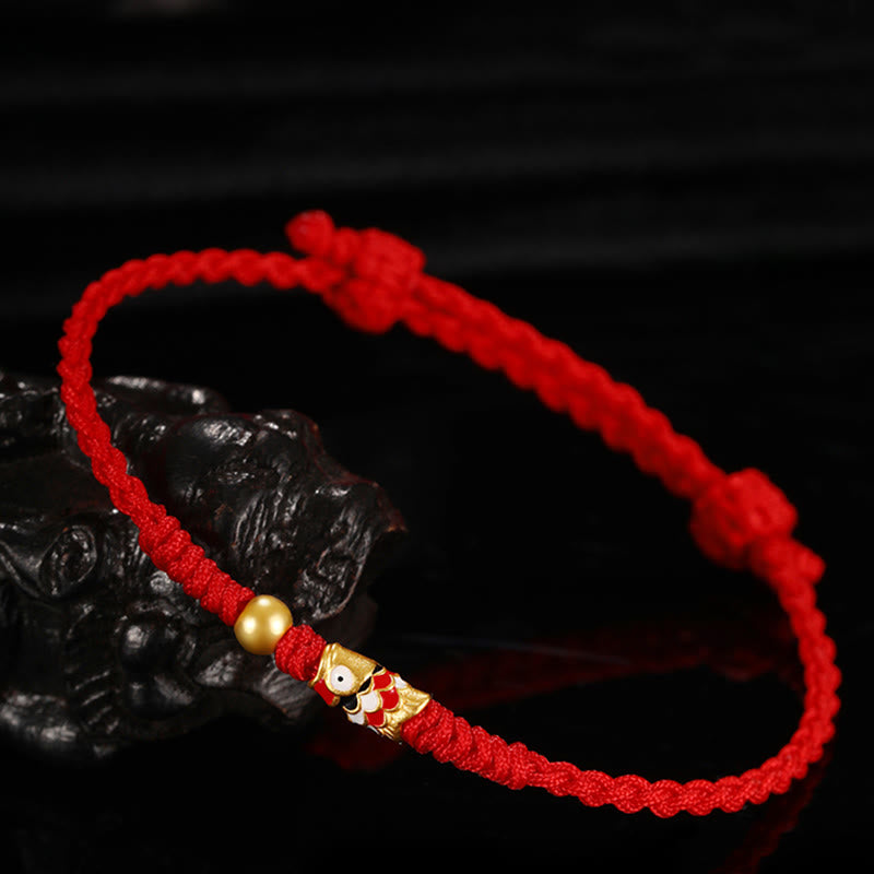 Bracelet tressé artisanal en or 999 avec poisson Koi et Buddha Stones