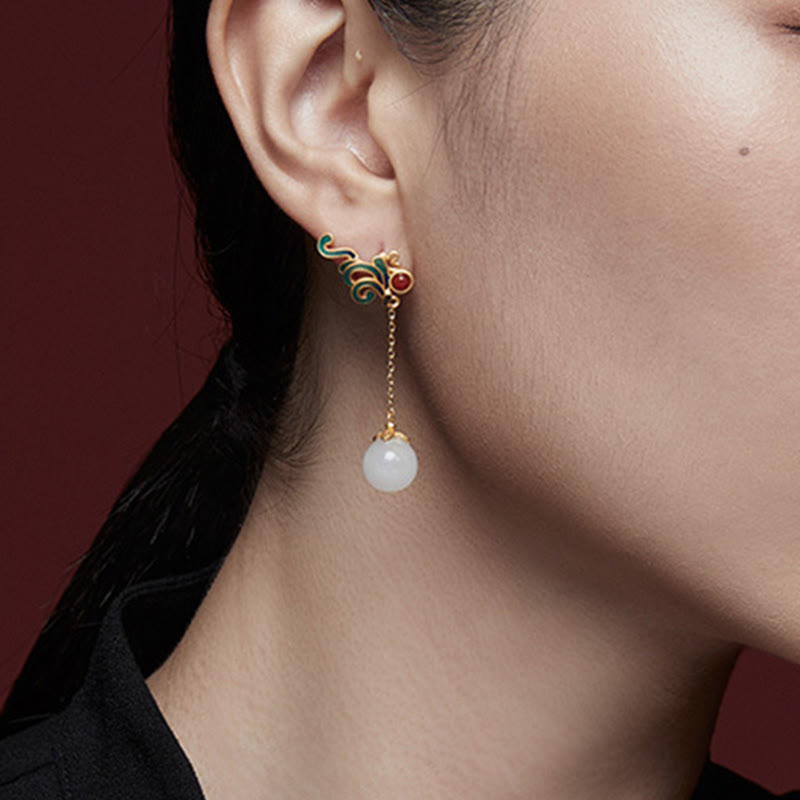 Boucles d'oreilles pendantes en jade blanc et agate rouge vintage Buddha Stones