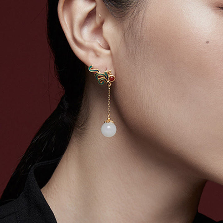 Boucles d'oreilles pendantes en jade blanc et agate rouge vintage Buddha Stones