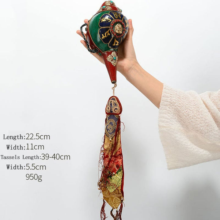 Tibétain fait à la main Shankha Om Mani Padme Hum bouddha Avalokitesvara coquille de conque Turquoise décoration positive - Bouddha Om Mani Padme Hum-Amoghasiddhi 22,5*11 cm - image 21