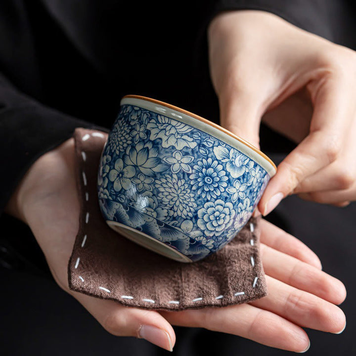 Tasse à thé en céramique motif Buddha Stones Lotus bleu Fleur de pêcher Chrysanthème Tasses à thé Kung Fu