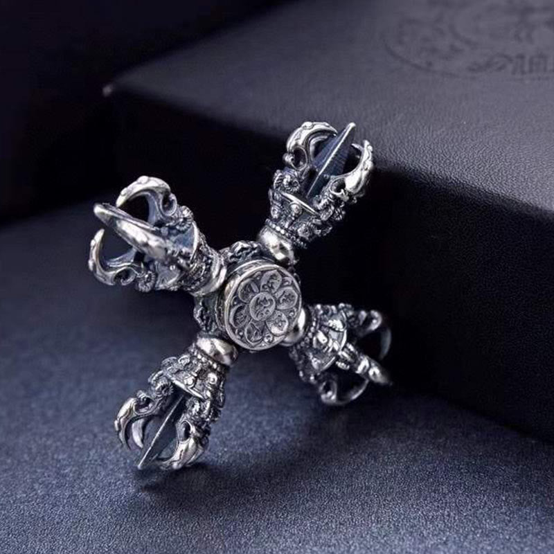 Pendentif de puissance spirituelle gravé double Dorje Vajra en argent sterling 925 tibétain Buddha Stones