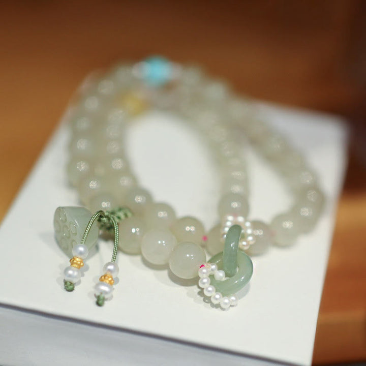 Bracelet double tour en argent sterling 925 Buddha Stones et jade Hetian, boucle double paix, lotus porte-bonheur