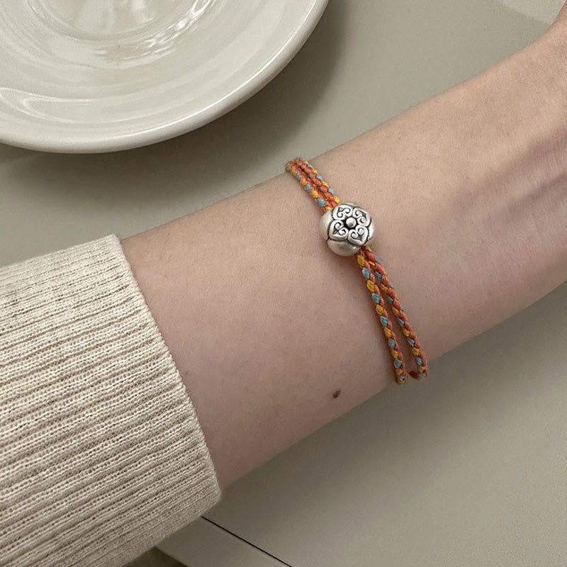 Bracelet tressé multicolore en argent sterling 999 avec pierre porte-bonheur Kaki de Buddha Stones