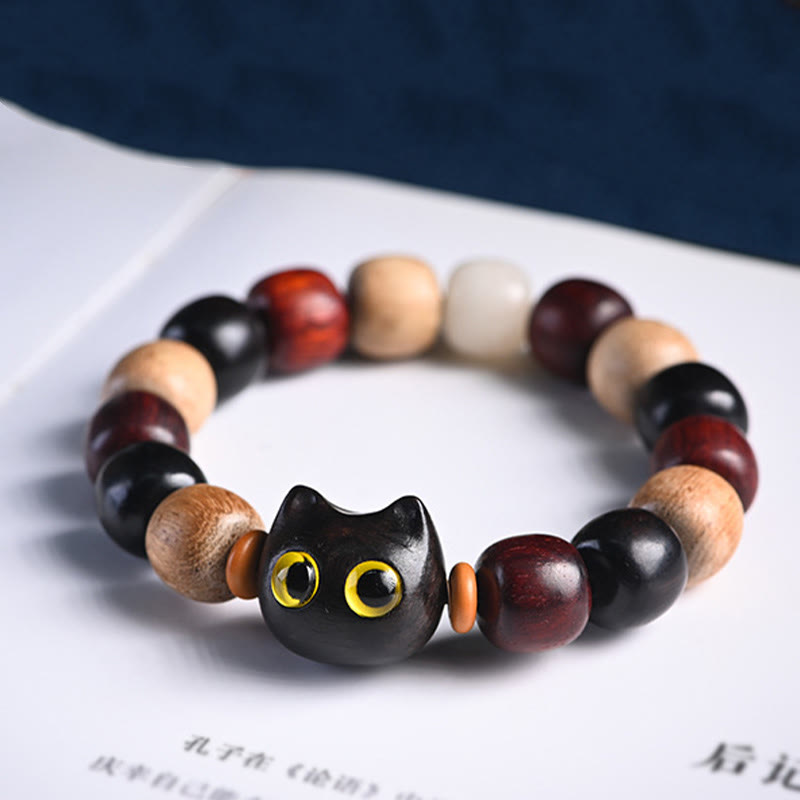 Bracelet de protection gravé en bois de santal rouge et ébène avec petites feuilles de Buddha Stones et chat mignon - image 5