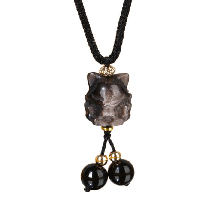 Collier pendentif de protection renard à neuf queues en obsidienne naturelle argentée et brillante de Buddha Stones