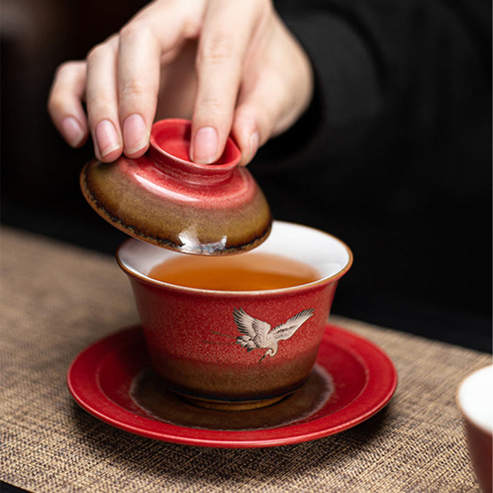 Tasse à thé et soucoupe en céramique Gaiwan Sancai avec couvercle et Buddha Stones rouge de bon augure