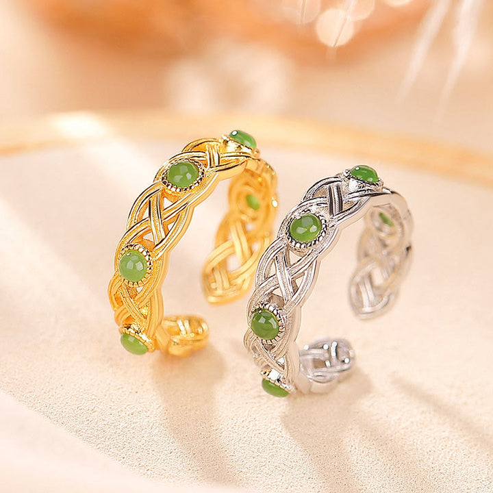 Bague ajustable en argent sterling 925 plaqué or et jade cyan avec Buddha Stones - image 0