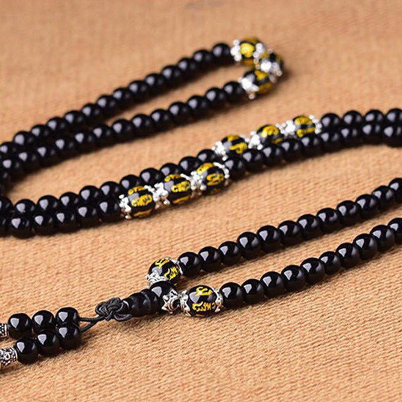 Bracelet Mala de protection en obsidienne noire avec six mots vrais de Buddha Stones