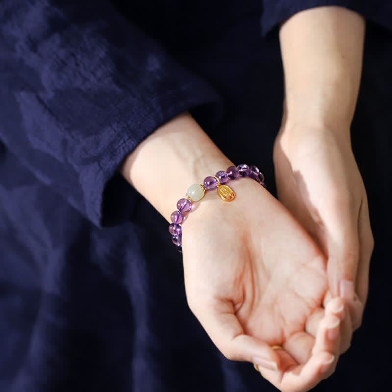 Bracelet de guérison en jade Hetian Buddha Stones et cristal d'améthyste naturel