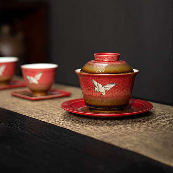 Tasse à thé et soucoupe en céramique Gaiwan Sancai avec couvercle et Buddha Stones rouge de bon augure