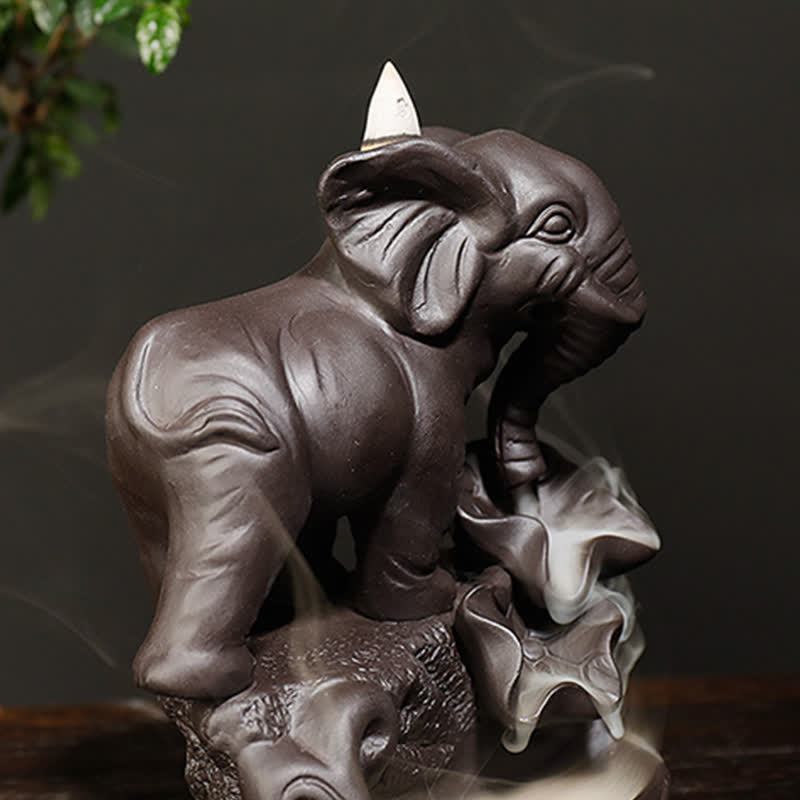 Fontaine à fumée à reflux en argile violette en forme d'éléphant tibétain, brûleur d'encens de guérison de la paix, décoration