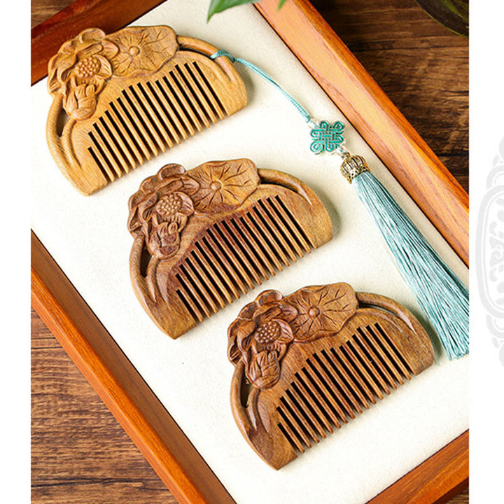 Peigne apaisant gravé en feuille de lotus et fleur de santal vert naturel - image 11