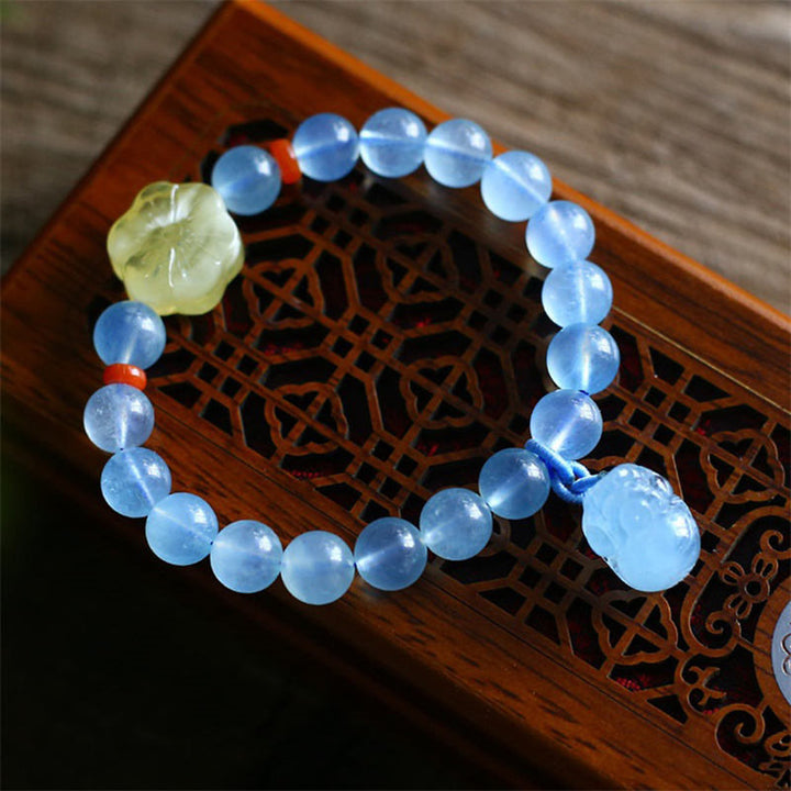 Bracelet à breloques de guérison et de paix Pixiu en ambre et aigue-marine naturelle - image 1