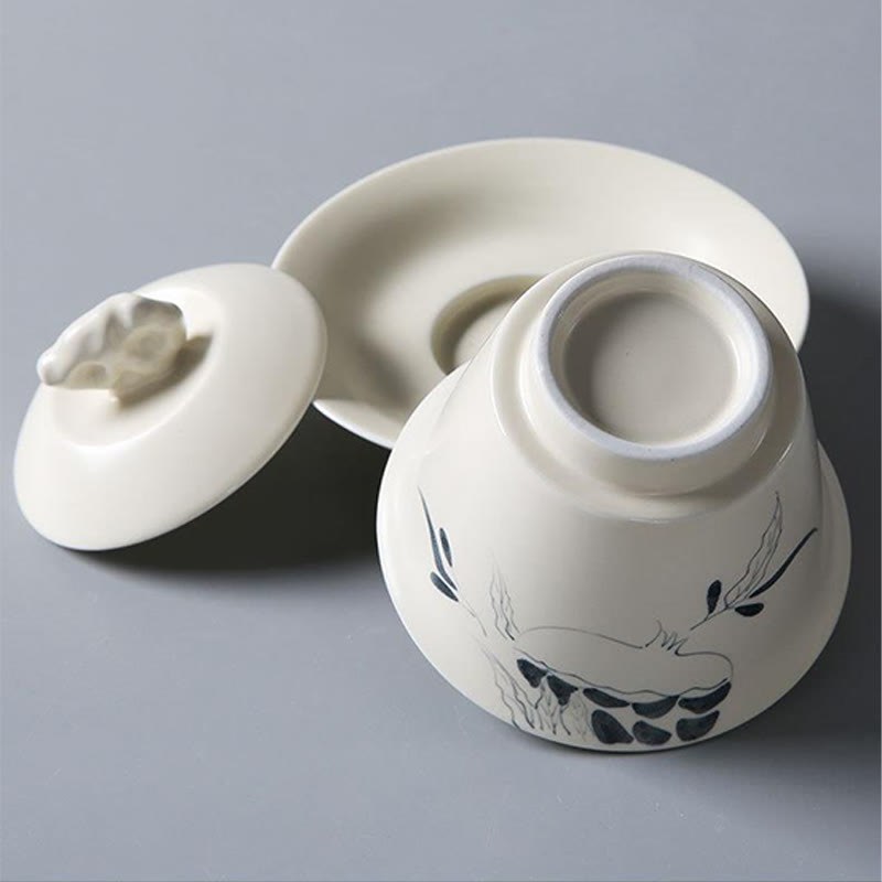 Buddha Stones peintes à la main Grenade Hibiscus Pin Lotus Céramique Gaiwan Sancai Tasse à thé Kung Fu Tasse à thé et soucoupe avec couvercle
