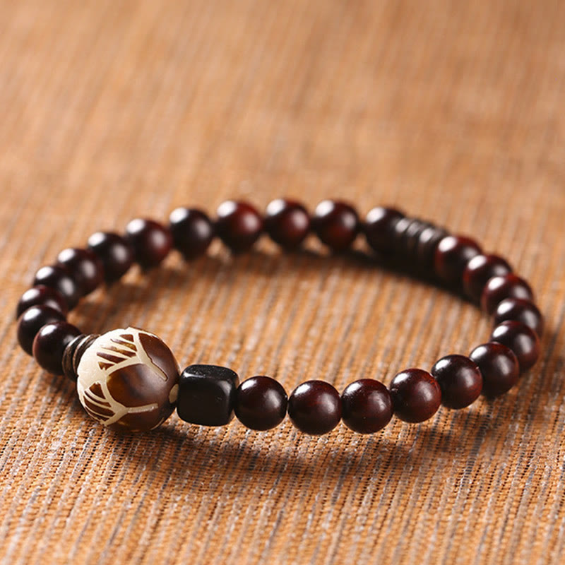 Bracelet double tour sculpté en Buddha Stones, petite feuille, bois de santal rouge, lotus, graine de Bodhi, protection