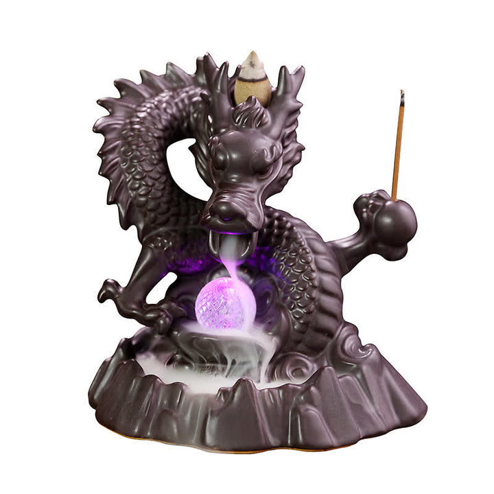 Fontaine à fumée à reflux en céramique avec Buddha Stones et dragon de bon augure, brûleur d'encens de guérison et de méditation, boule à LED décorative