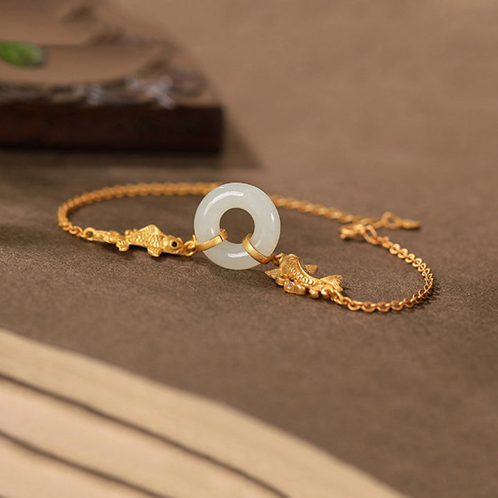 Bracelet de prospérité en jade blanc et poisson koï Buddha Stones