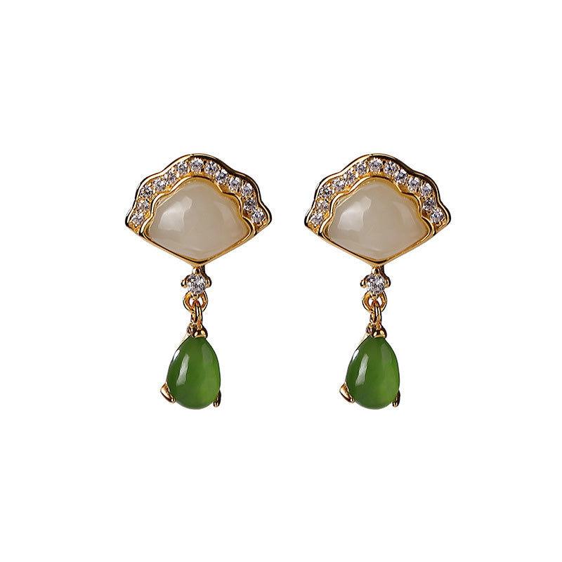 Boucles d'oreilles pendantes porte-bonheur en forme d'éventail en jade blanc et jade cyan Buddha Stones