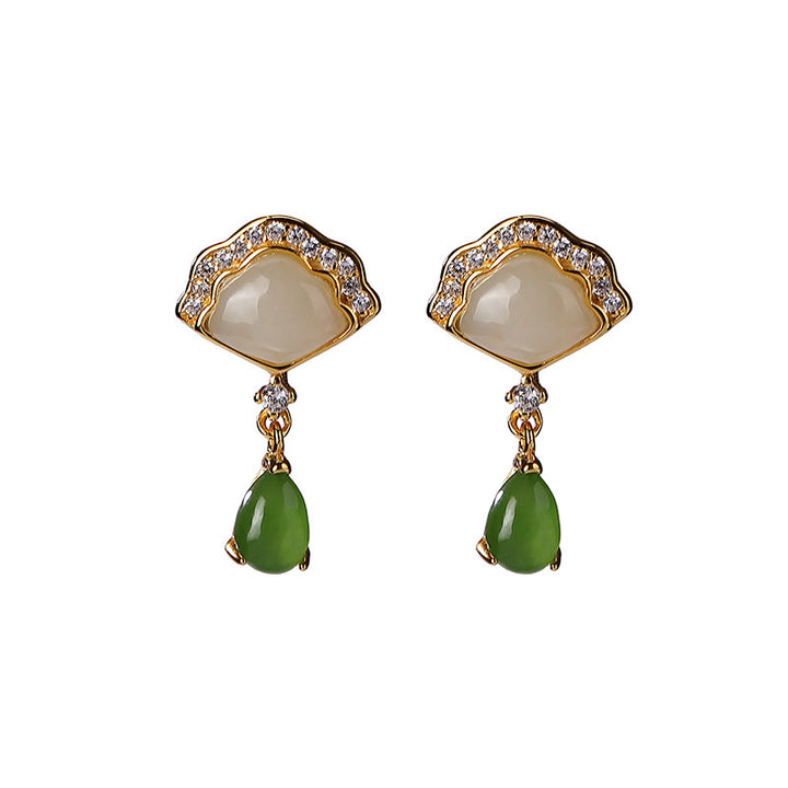 Boucles d'oreilles pendantes porte-bonheur en forme d'éventail en jade blanc et jade cyan Buddha Stones