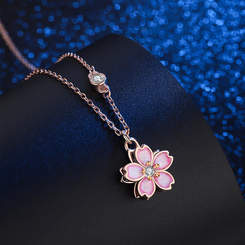 Collier avec pendentif rotatif en argent sterling 925 en forme de fleur de cerisier avec Buddha Stones