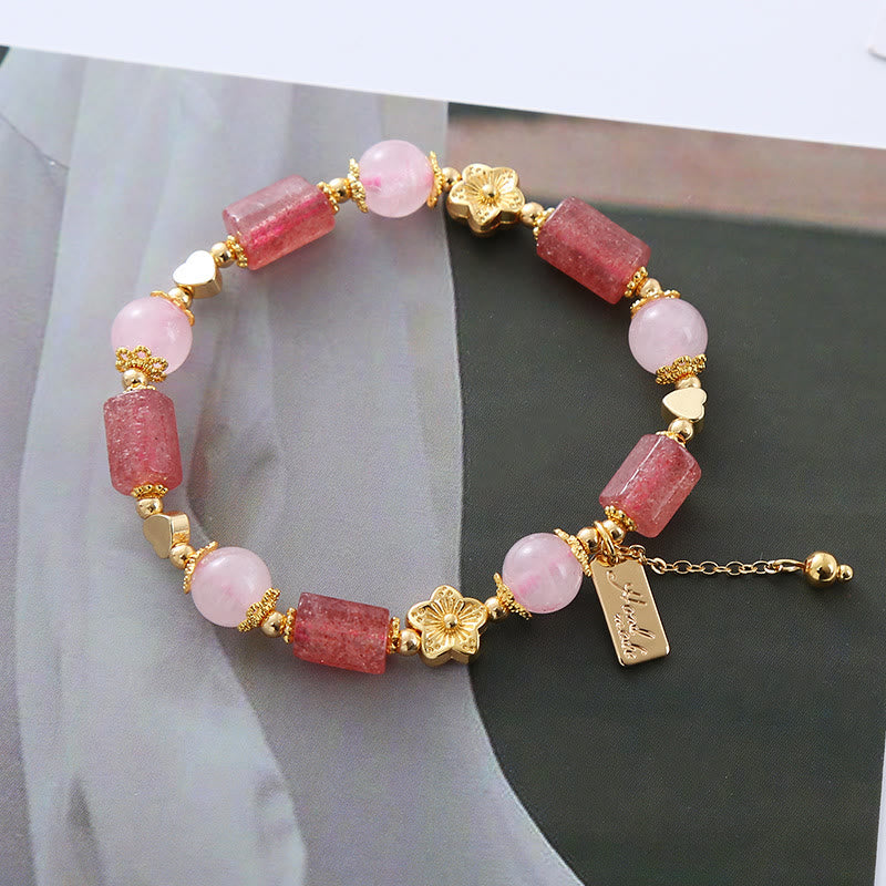 Bracelet positif en cristal rose avec quartz fraise et Buddha Stones, cœur et fleur - Quartz fraise et cristal rose (tour de poignet 14-16 cm) - image 0