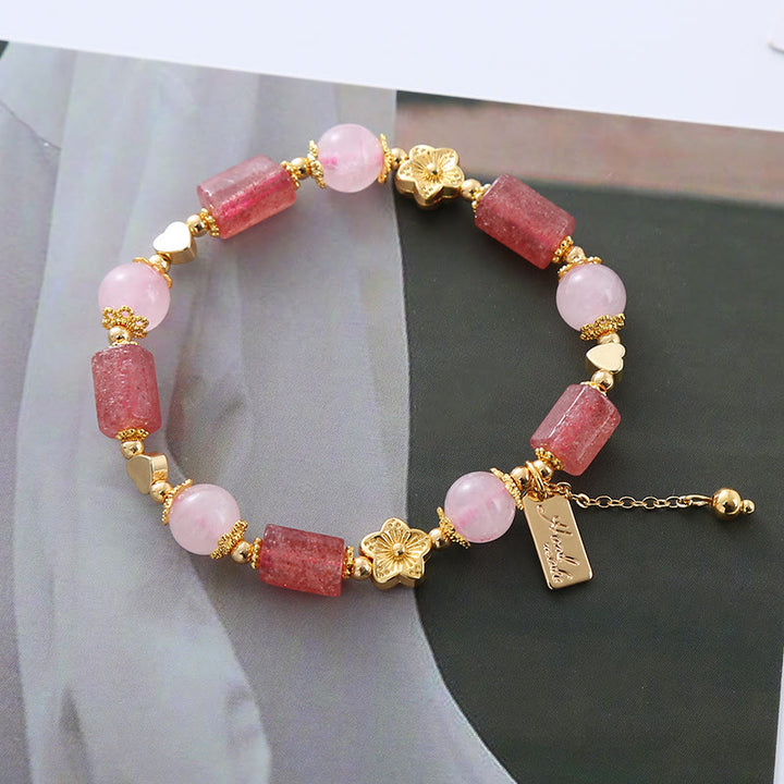 Bracelet positif en cristal rose avec quartz fraise et Buddha Stones, cœur et fleur - Quartz fraise et cristal rose (tour de poignet 14-16 cm) - image 0