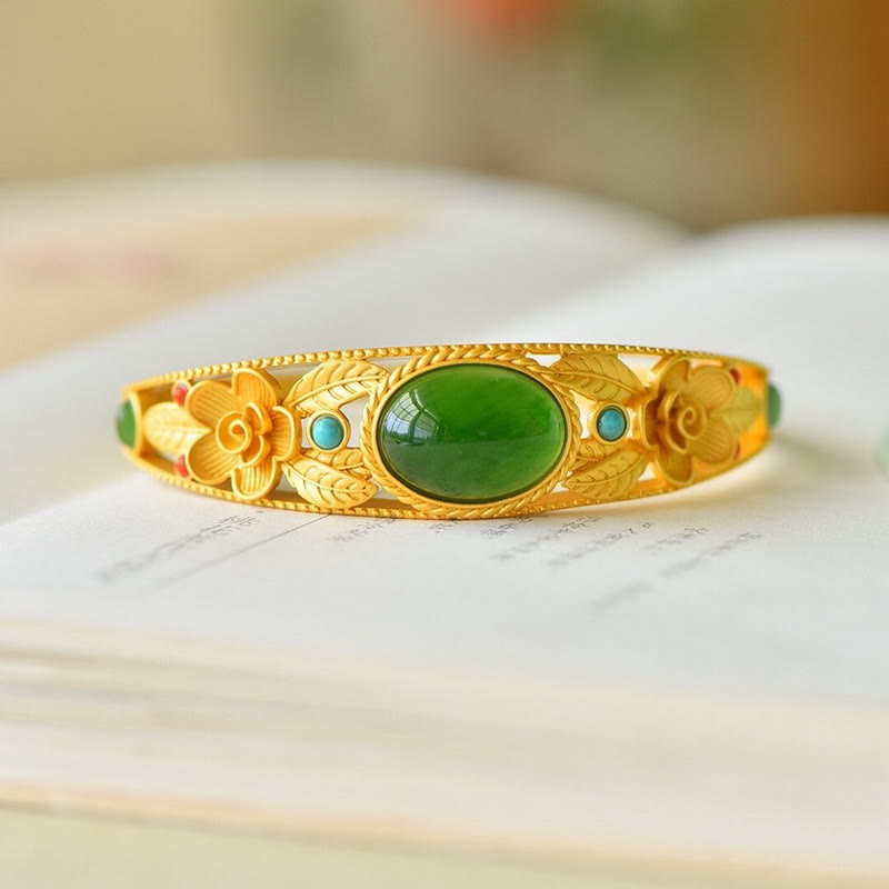 Bracelet jonc porte-bonheur en Buddha Stones, jade cyan, jade blanc, fleur, feuille