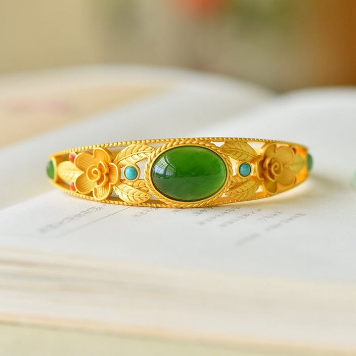 Bracelet jonc porte-bonheur en Buddha Stones, jade cyan, jade blanc, fleur, feuille