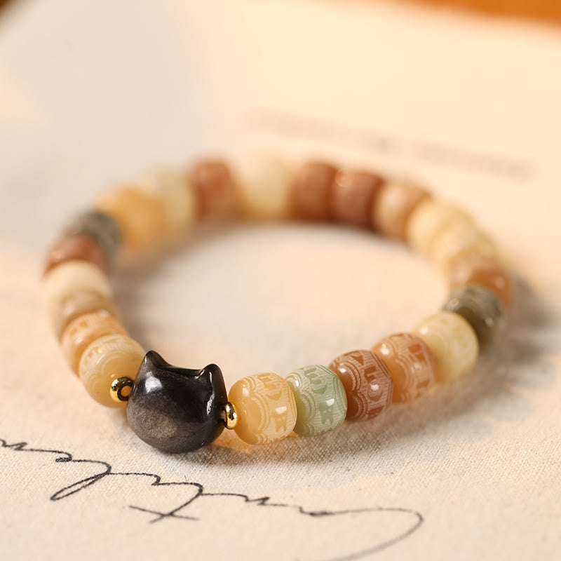 Bracelet d'harmonie gravé en obsidienne argentée Buddha Stones de Bodhi et pierres de Bouddha Tête de chat Om Mani Padme Hum - Graine de Bodhi jaune (circonférence du poignet 14-16 cm) - image 1