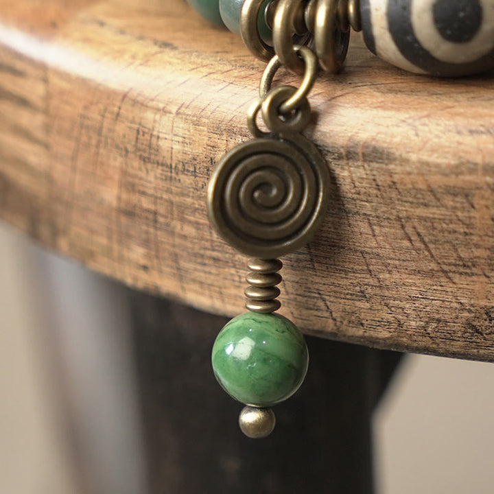 Bracelet triple tour en perles de Bodhi Dzi cyan avec perles de sagesse et de paix