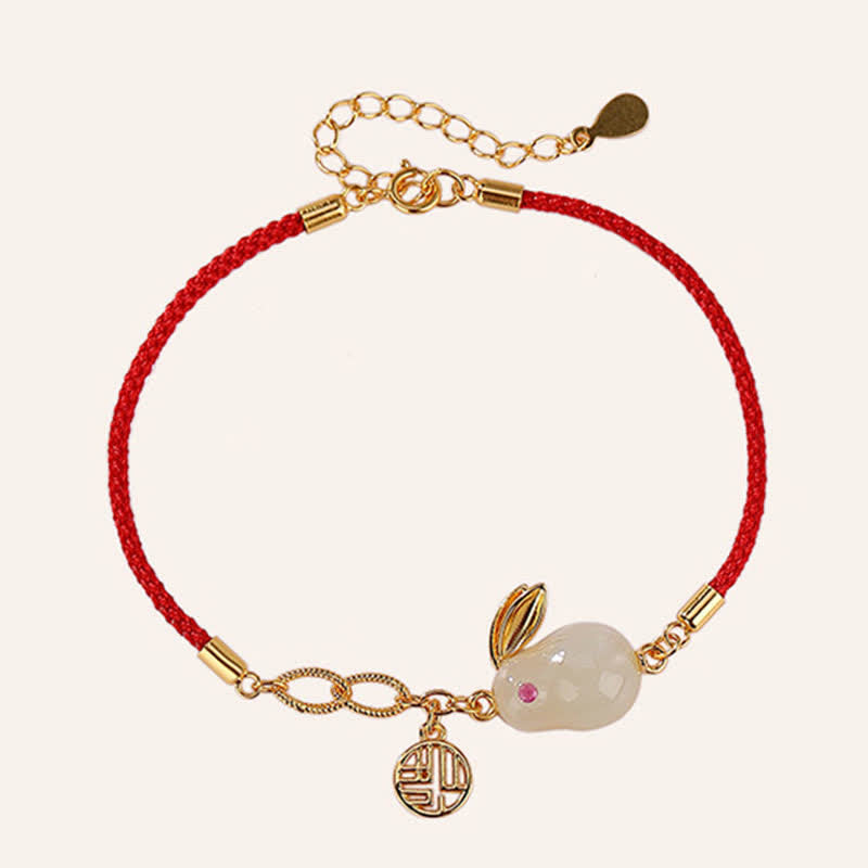 Bracelet en argent sterling 925 avec cordon rouge et jade blanc Hetian de l'année du lapin
