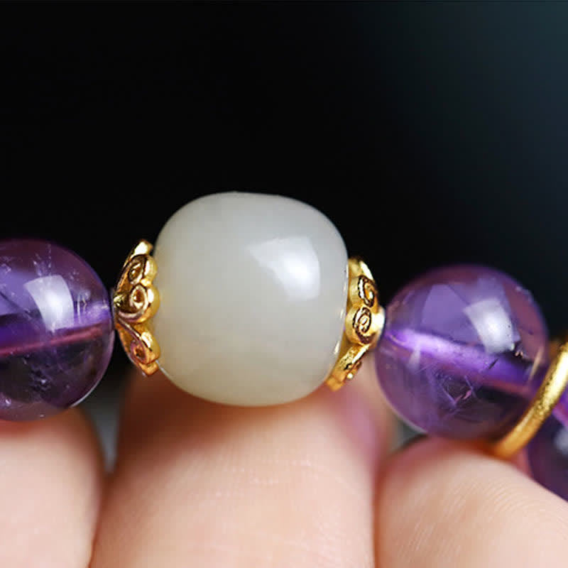 Bracelet de guérison en jade Hetian Buddha Stones et cristal d'améthyste naturel