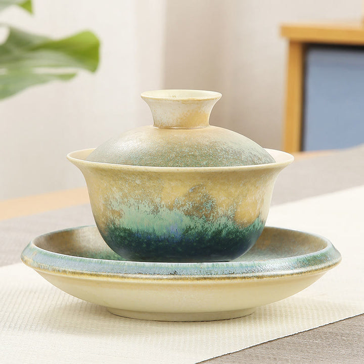 Tasse à thé et soucoupe en porcelaine avec motif de vagues de l'océan vert et Buddha Stones , tasse à thé Gaiwan Sancai en céramique Kung Fu avec couvercle