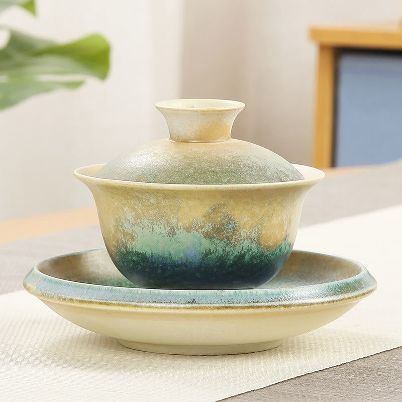 Tasse à thé et soucoupe en porcelaine avec motif de vagues de l'océan vert et Buddha Stones , tasse à thé Gaiwan Sancai en céramique Kung Fu avec couvercle - 13,5 cm × 9,5 cm × 150 ml - image 5