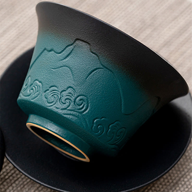 Tasse à thé et soucoupe en céramique avec couvercle en Buddha Stones, style rétro, bleu océan, vagues de la mer, dégradé, Gaiwan, Sancai