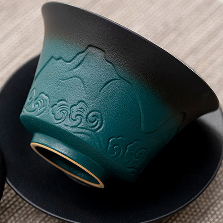Tasse à thé et soucoupe en céramique avec couvercle en Buddha Stones, style rétro, bleu océan, vagues de la mer, dégradé, Gaiwan, Sancai