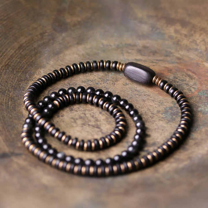 Bracelet triple tour de guérison en cuivre et bois d'ébène avec Buddha Stones arc-en-ciel et obsidienne