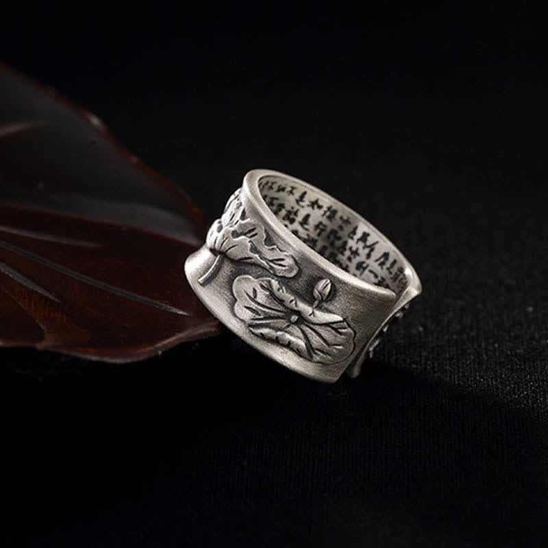 Bague porte-bonheur en argent sterling 999 Buddha Stones et poisson Koi, lotus, cœur, Sutra de la richesse