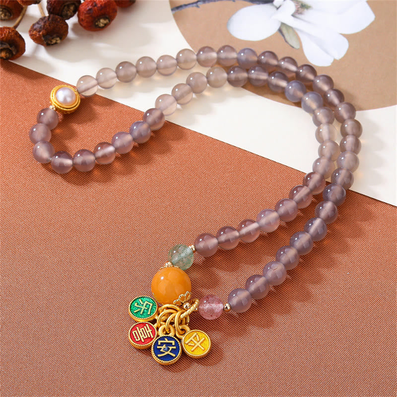 Bracelet double tour en agate grise naturelle avec breloque paix et joie et Buddha Stones