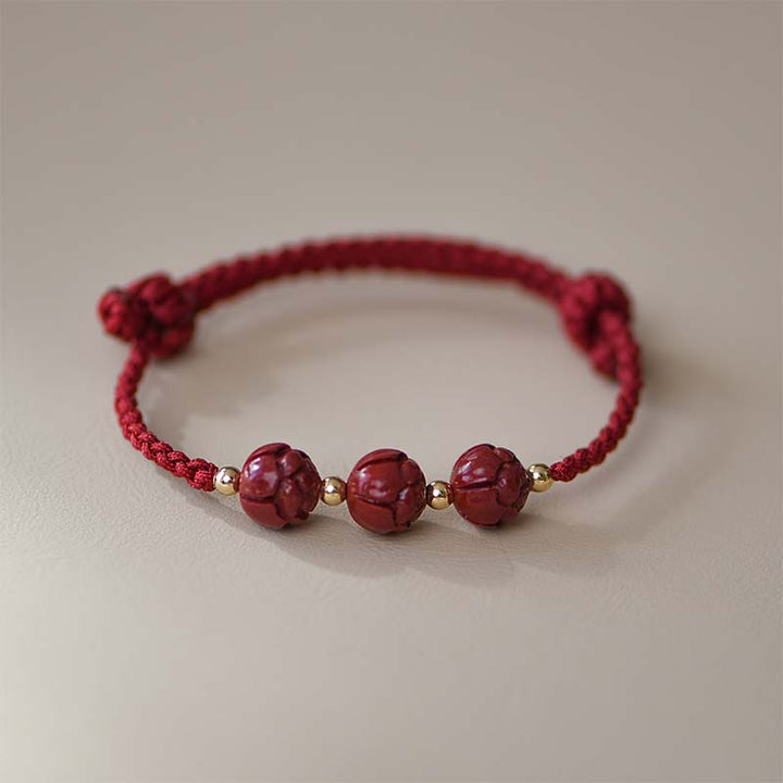 Bracelet tissé en fil rouge calme avec Buddha Stones, jade cinabre et lotus
