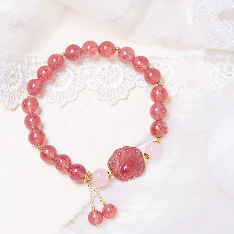 Bracelet d'amour en forme de patte de chat porte-bonheur en cristal rose et quartz fraise naturel de Buddha Stones - Quartz fraise - image 1
