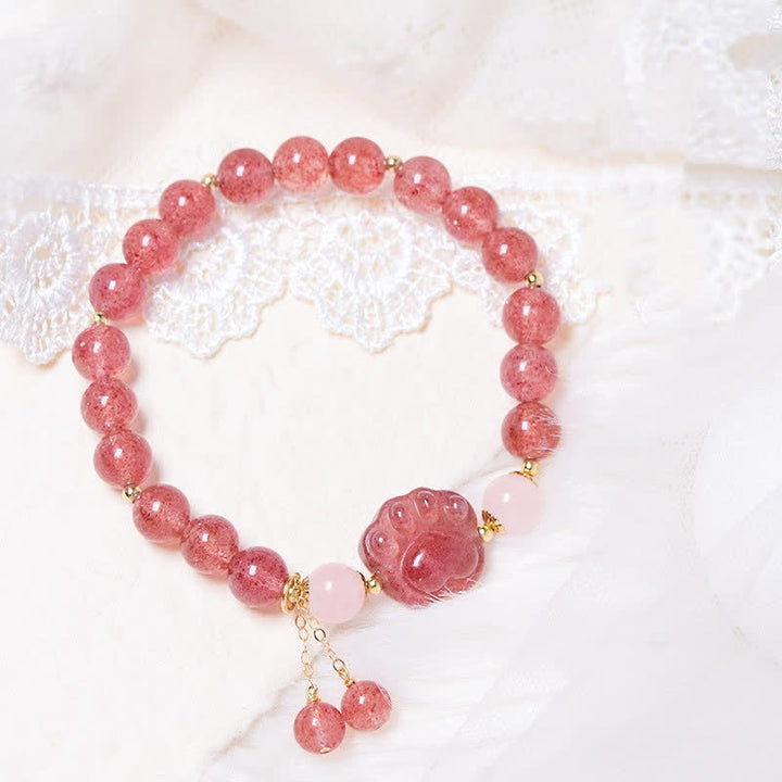 Bracelet d'amour en forme de patte de chat porte-bonheur en cristal rose et quartz fraise naturel de Buddha Stones - Quartz fraise - image 1