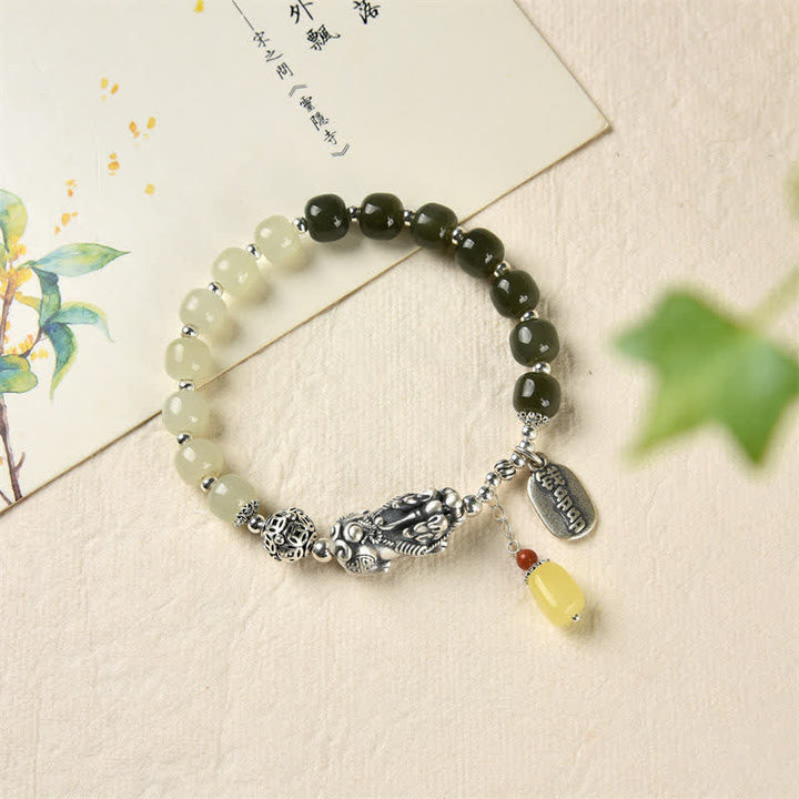 Bracelet porte-bonheur PiXiu en argent sterling 925 et jade Hetian naturel avec Buddha Stones