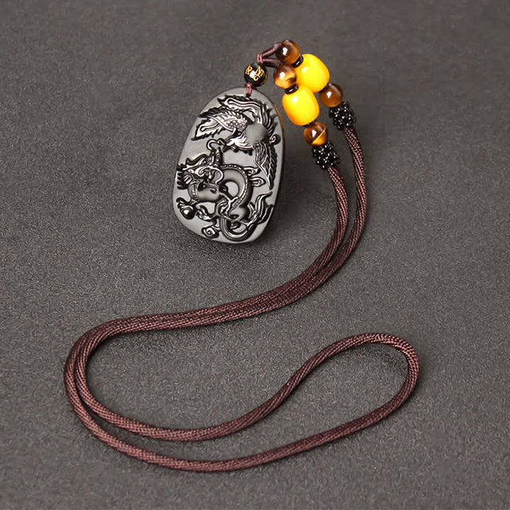 Collier avec pendentif en perles de protection en obsidienne noire œil de tigre dragon phénix - Fil de perles d'obsidienne et d'œil de tigre - image 8